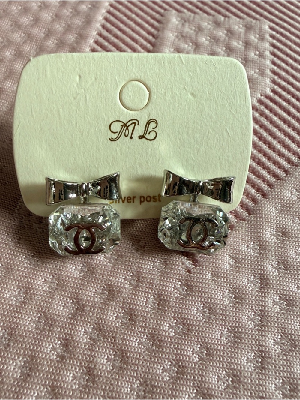 Fashion Jewelry Silver Bow & Clear Crystal Logo Stud Earrings